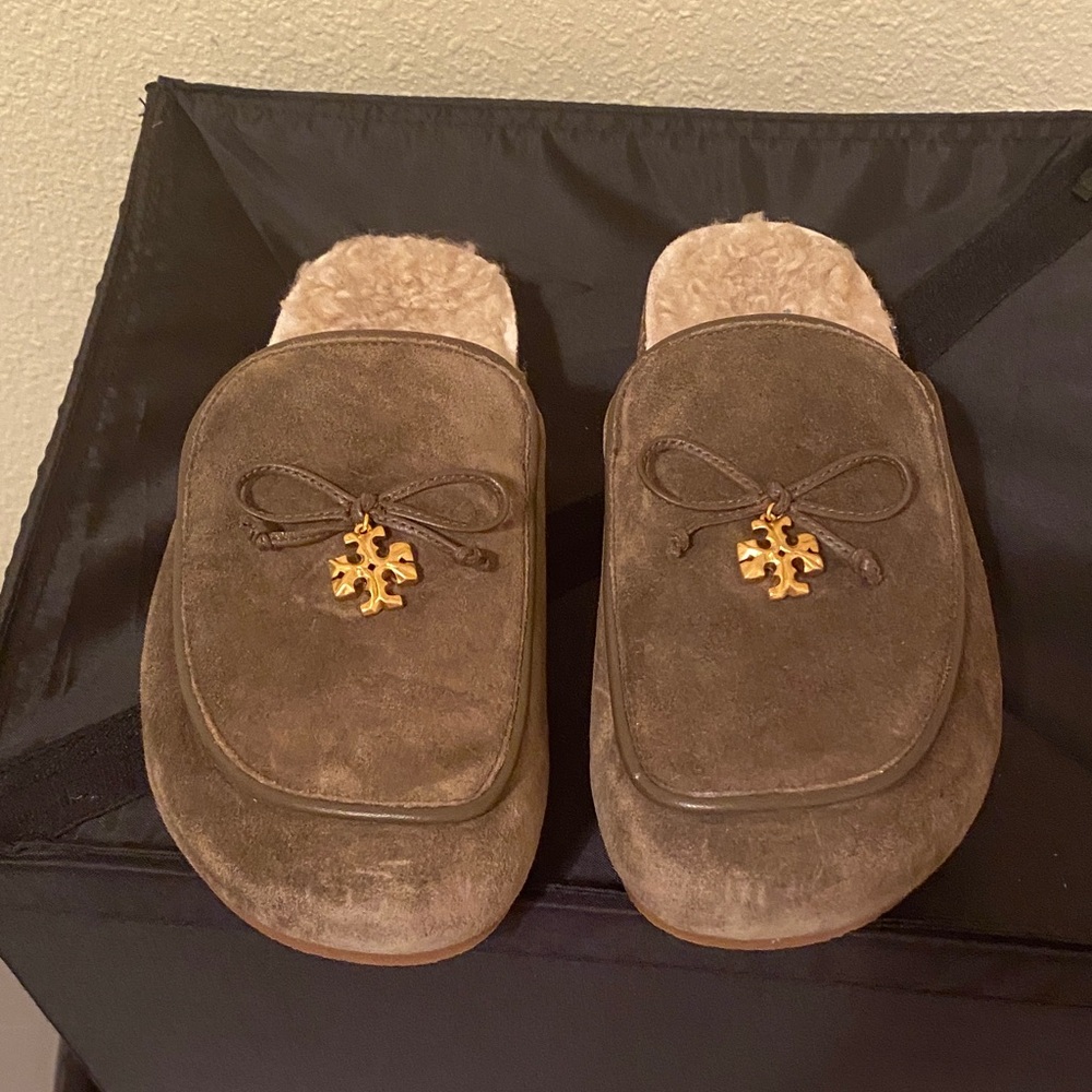 Brown Suede Shearling Women’s Mule with Gold Accent